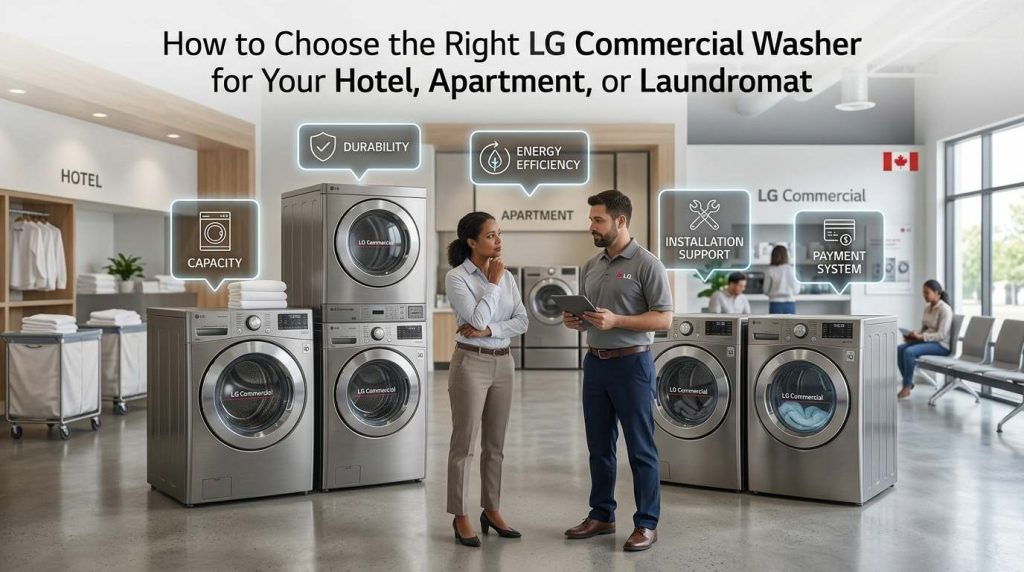 A commercial laundry consultant helping a facility manager choose the right LG commercial washing machines and stacked dryers for hotels, apartment buildings, and laundromats.