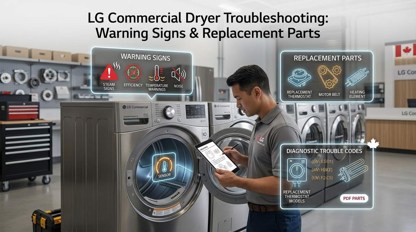 A certified technician diagnosing an LG commercial tumble dryer using a tablet, with digital overlay icons illustrating troubleshooting steps, common warning signs, and critical replacement parts.