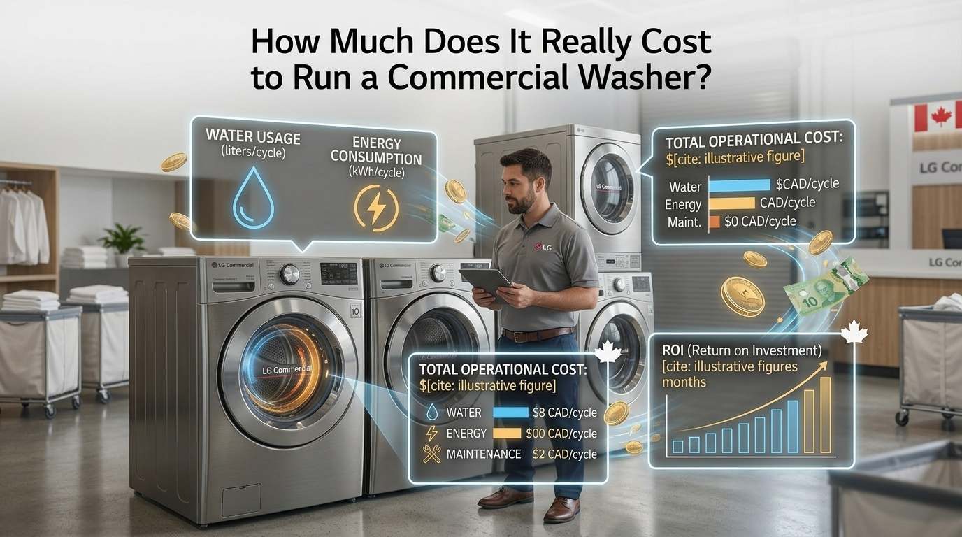A business manager and a technician reviewing a digital utility cost analysis overlaid on an active LG commercial washing machine, calculating electricity, water, and detergent expenses in a modern laundromat.